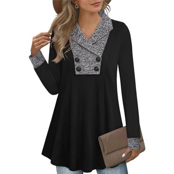 Womens Long Sleeve Casual V Neck Sweatshirts Pullover Tunic Tops with - Picture 7 of 7